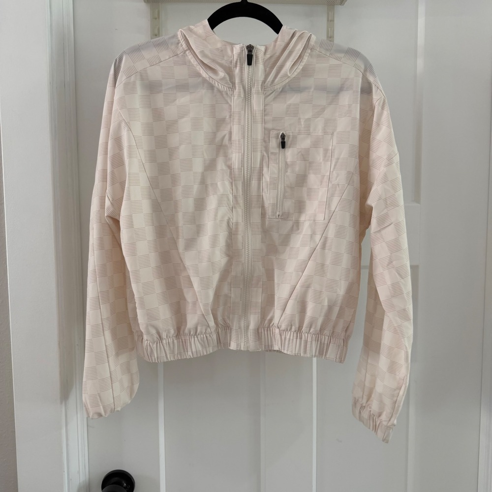 Hurley Womens Small Hooded Windbreaker Jacket Cream Checkerboard Zip Up